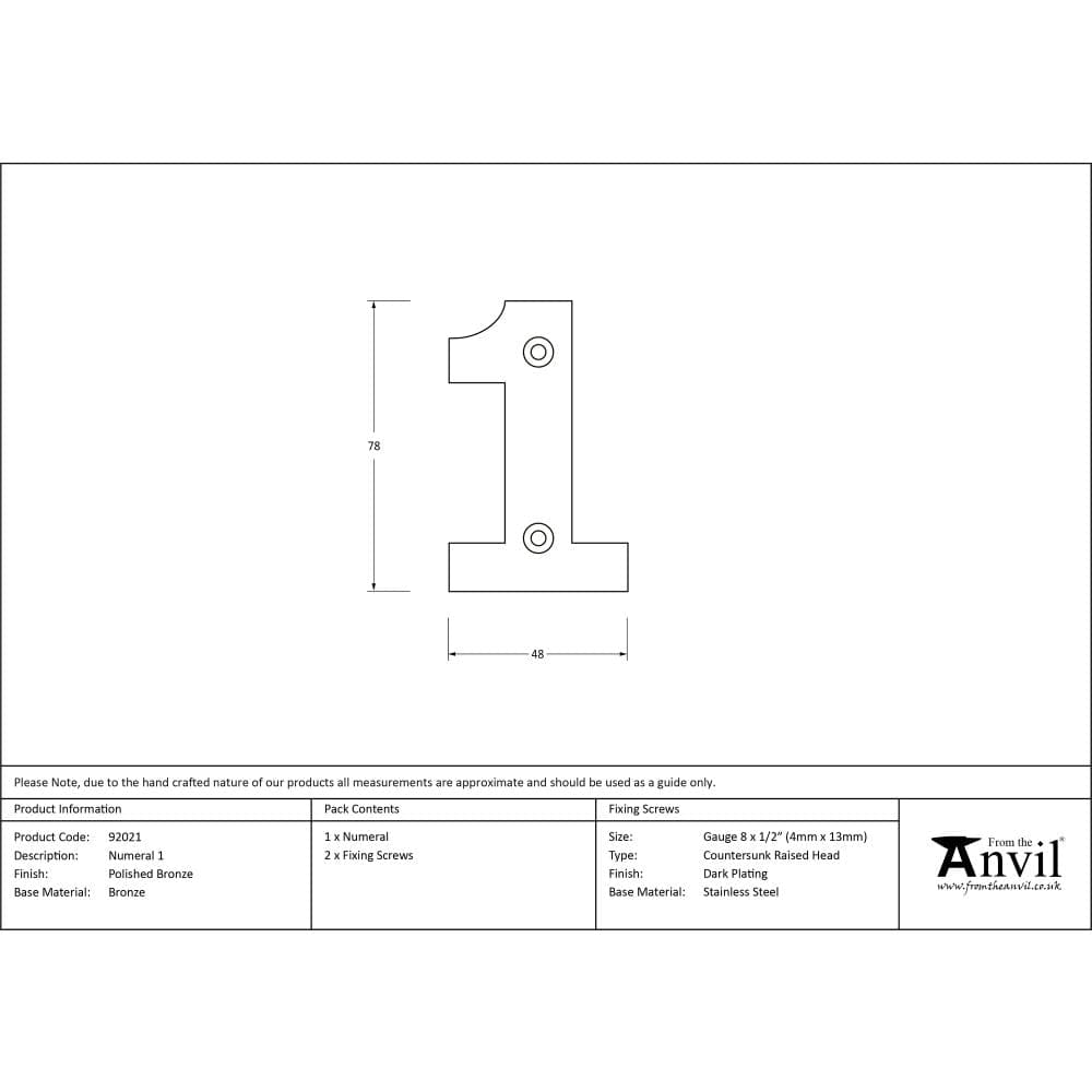 From The Anvil Door Furniture Polished Bronze / Numerals / 1 From The Anvil - Polished Bronze Numeral 1