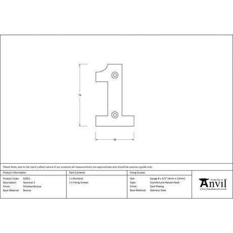 From The Anvil Door Furniture Polished Bronze / Numerals / 1 From The Anvil - Polished Bronze Numeral 1