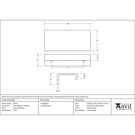 From The Anvil Cabinet Hardware Polished Chrome / Edge Pull / 100mm From The Anvil - Polished Chrome 100mm Plain Edge Pull