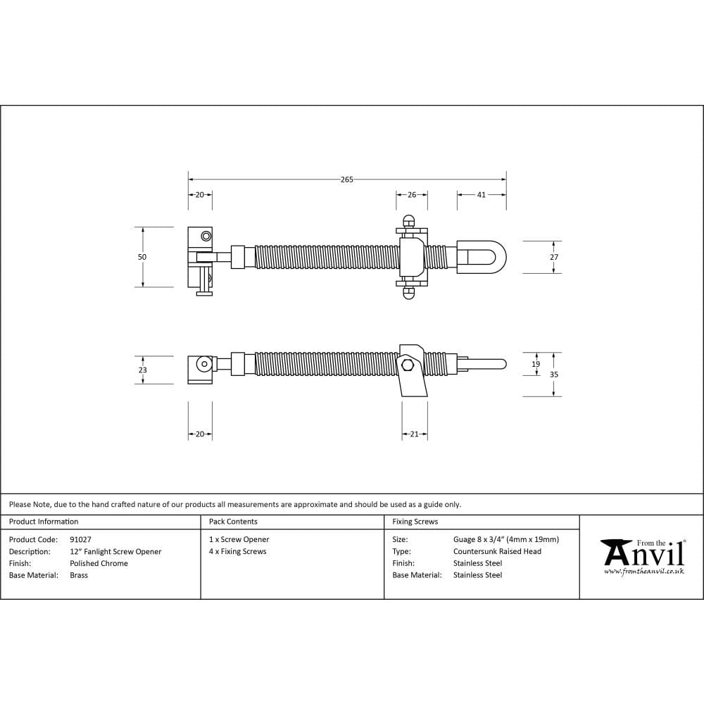 From The Anvil Window Furniture Polished Chrome / Fanlight Openers From The Anvil - Polished Chrome 12" Fanlight Screw Opener