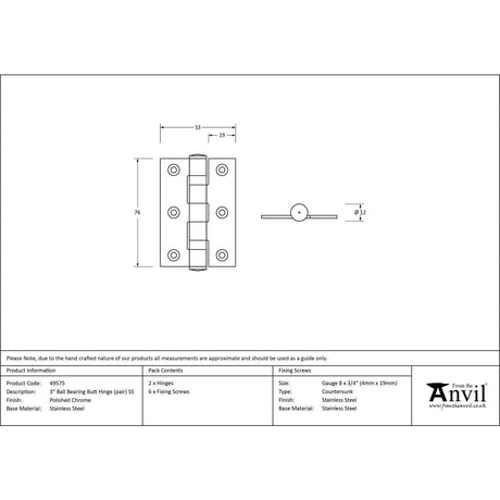From The Anvil Hinges Polished Chrome / Ball Bearing Hinges / 3" (76mm) From The Anvil - Polished Chrome 3" Ball Bearing Butt Hinge (pair) ss