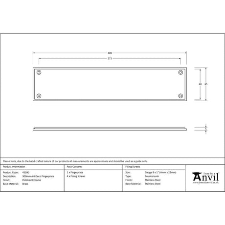 From The Anvil Door Furniture Polished Chrome / Finger Plates / 300 x 65mm From The Anvil - Polished Chrome 300mm Art Deco Fingerplate