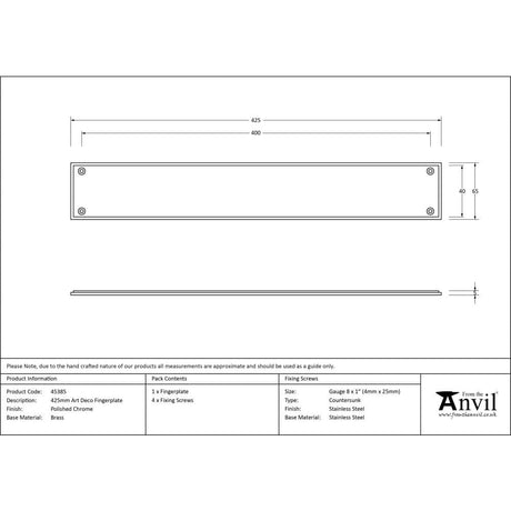From The Anvil Door Furniture Polished Chrome / Finger Plates / 425 x 65mm From The Anvil - Polished Chrome 425mm Art Deco Fingerplate
