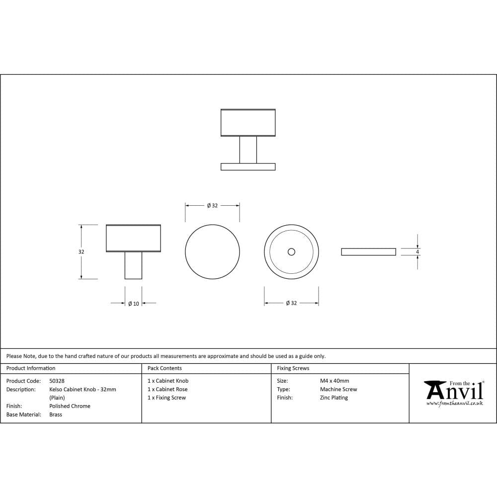 From The Anvil Cabinet Hardware Polished Chrome / Cabinet Knobs / 32mm Dia. From The Anvil - Polished Chrome Kelso Cabinet Knob - 32mm (Plain)