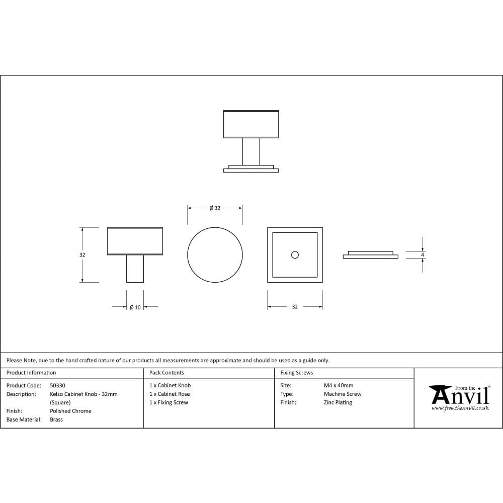 From The Anvil Cabinet Hardware Polished Chrome / Cabinet Knobs / 32mm Dia. From The Anvil - Polished Chrome Kelso Cabinet Knob - 32mm (Square)