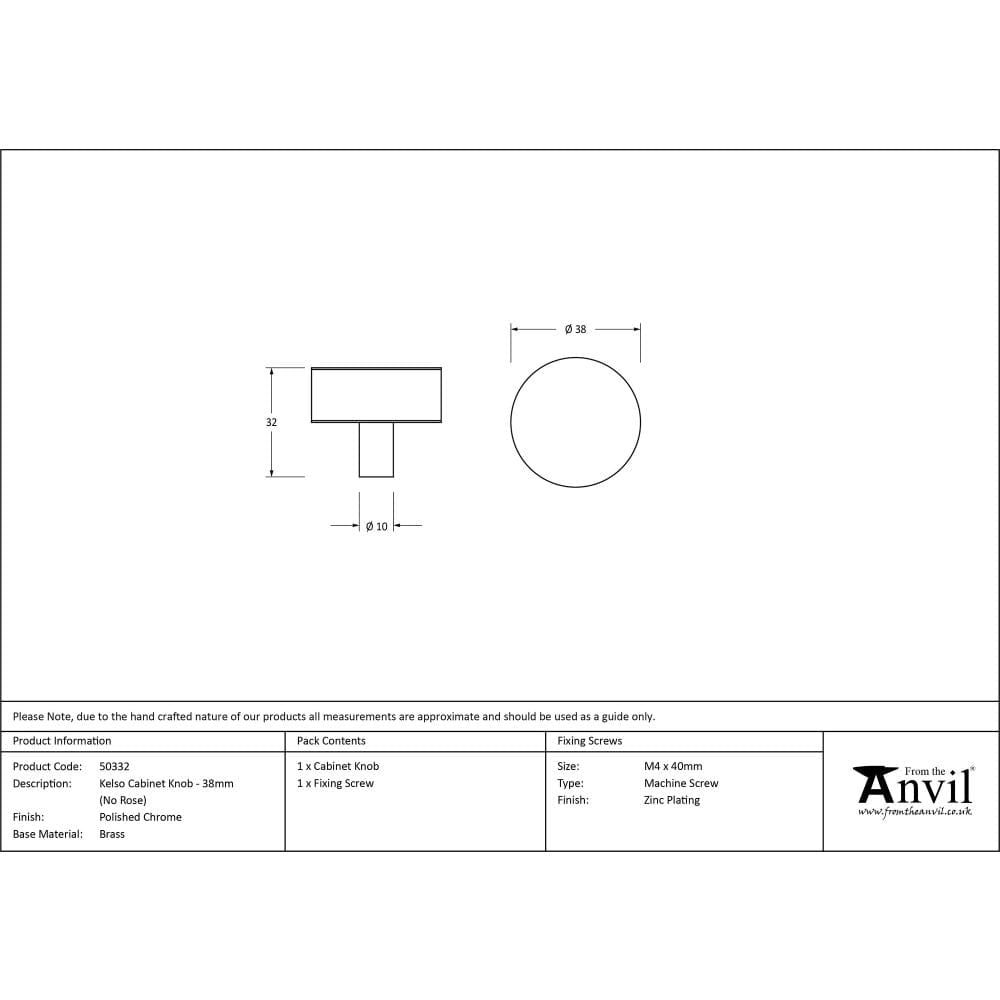 From The Anvil Cabinet Hardware Polished Chrome / Cabinet Knobs / 38mm Dia. From The Anvil - Polished Chrome Kelso Cabinet Knob - 38mm (No rose)