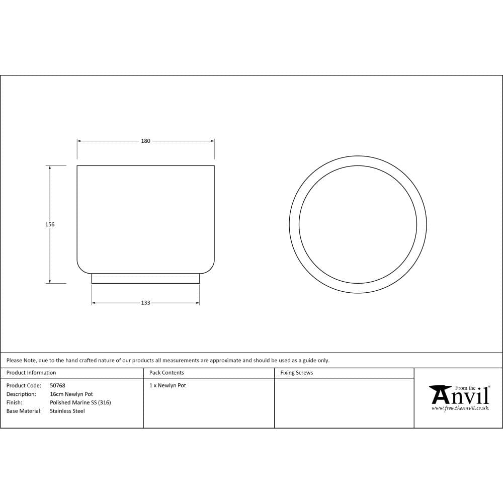 From The Anvil Home & Garden Polished Marine SS (316) / Plant Pots / 16cm From The Anvil - Polished Marine SS (316) 16cm Newlyn Pot