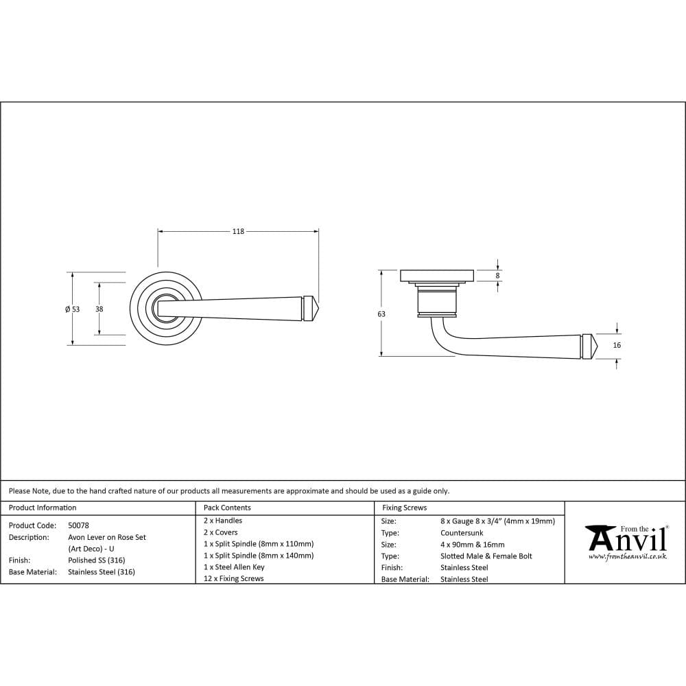 From The Anvil Door Furniture Polished Marine SS (316) / Round Rose From The Anvil - Polished Marine SS (316) Avon Round Lever on Rose Set (Art Deco) U