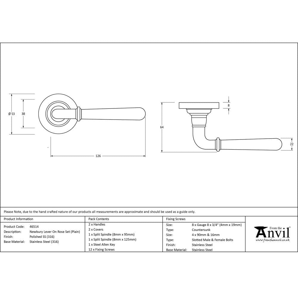 From The Anvil Door Furniture Polished Marine SS (316) / Round Rose From The Anvil - Polished Marine SS (316) Newbury Lever on Rose Set (Plain)