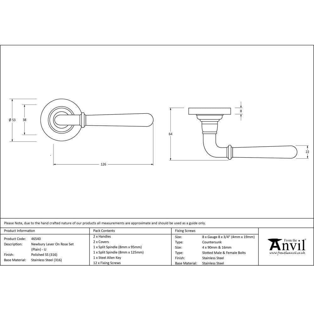 From The Anvil Door Furniture Polished Marine SS (316) / Round Rose From The Anvil - Polished Marine SS (316) Newbury Lever on Rose Set (Plain) - Unsprung