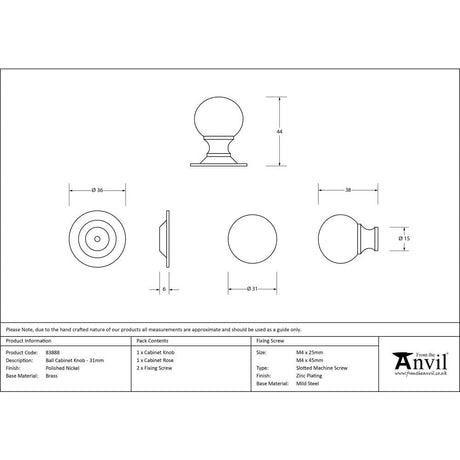 From The Anvil Cabinet Hardware Polished Nickel / Cabinet Knobs / 31mm Dia. From The Anvil - Polished Nickel Ball Cabinet Knob 31mm