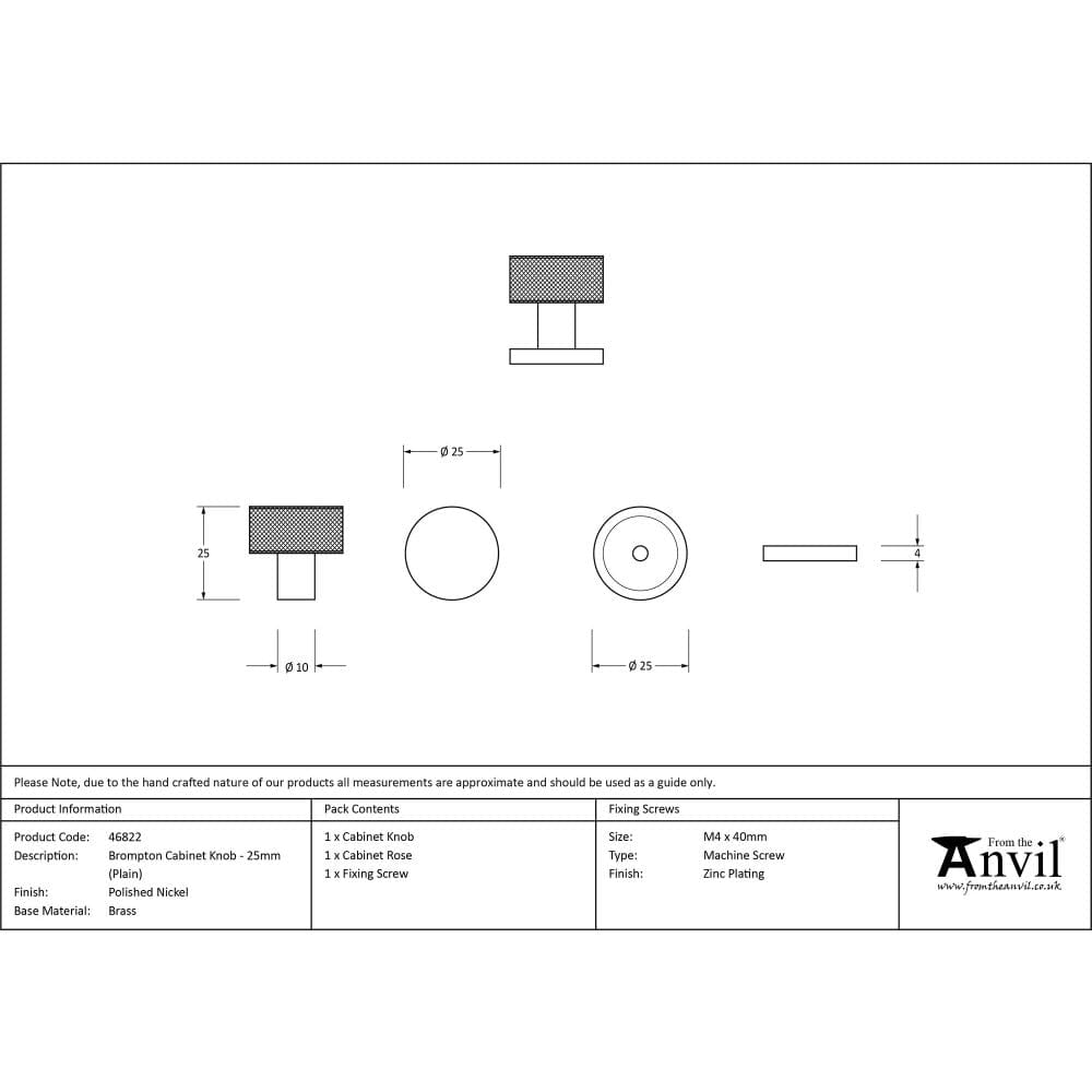 From The Anvil Cabinet Hardware Polished Nickel / Cabinet Knobs / 25mm Dia. From The Anvil - Polished Nickel Brompton Cabinet Knob - 25mm (Plain)