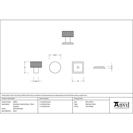 From The Anvil Cabinet Hardware Polished Nickel / Cabinet Knobs / 25mm Dia. From The Anvil - Polished Nickel Brompton Cabinet Knob - 25mm (Square)