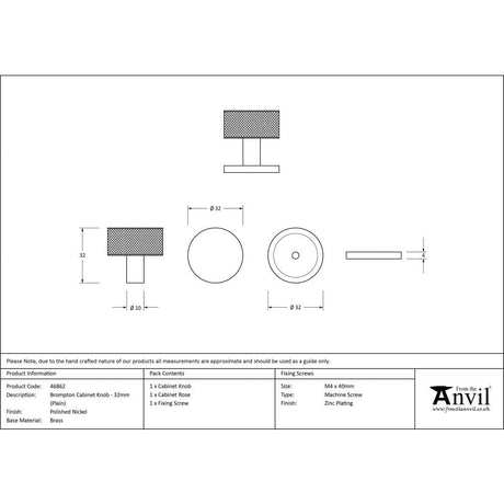 From The Anvil Cabinet Hardware Polished Nickel / Cabinet Knobs / 32mm Dia. From The Anvil - Polished Nickel Brompton Cabinet Knob - 32mm (Plain)
