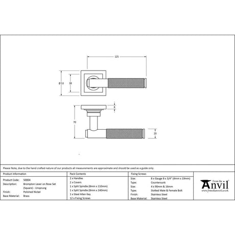 From The Anvil Door Furniture Polished Nickel / Square Rose From The Anvil - Polished Nickel Brompton Lever on Rose Set (Square) - Unsprung