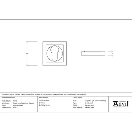 From The Anvil Door Furniture Polished Nickel / Euro Profile Escutcheons From The Anvil - Polished Nickel Round Euro Escutcheon (Square)