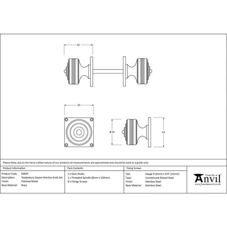 From The Anvil Door Furniture Polished Nickel / Mortice Knobs From The Anvil - Polished Nickel Tewkesbury Square Mortice Knob Set