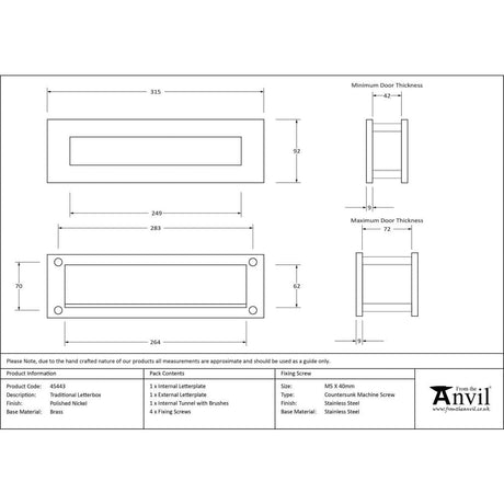 From The Anvil Door Furniture Polished Nickel / Sleeved Letterbox / 315 x 92mm From The Anvil - Polished Nickel Traditional Letterbox