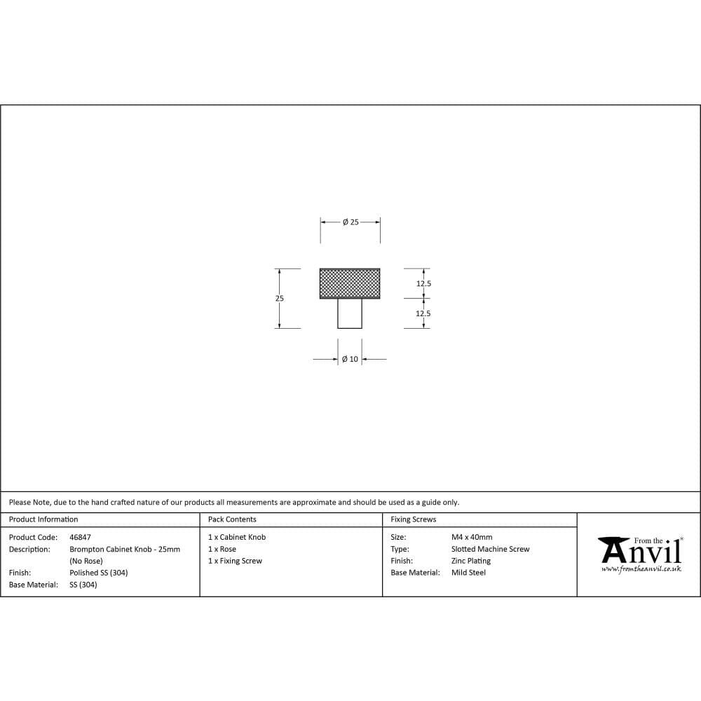 From The Anvil Cabinet Hardware Polished Stainless Steel / Cabinet Knobs / 30mm Dia. From The Anvil - Polished SS (304) Brompton Cabinet Knob - 25mm (No rose)