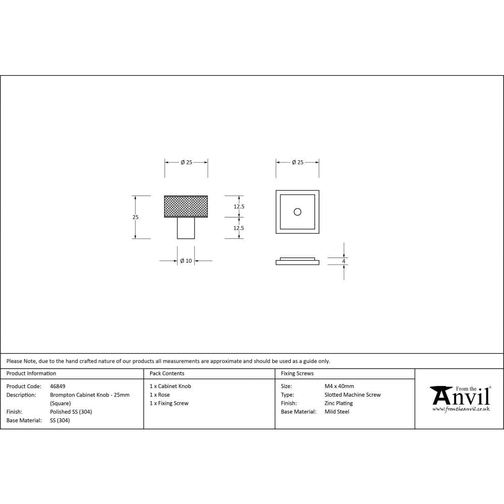 From The Anvil Cabinet Hardware Polished Stainless Steel / Cabinet Knobs / 30mm Dia. From The Anvil - Polished SS (304) Brompton Cabinet Knob - 25mm (Square)