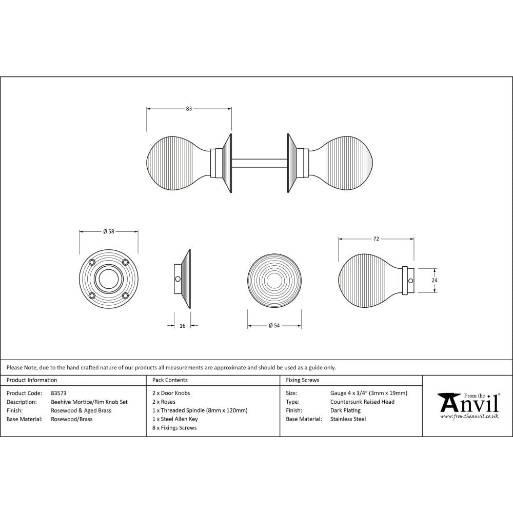 From The Anvil Door Furniture Rosewood / Mortice/Rim Knobs From The Anvil - Rosewood & Aged Brass Beehive Mortice/Rim Knob Set