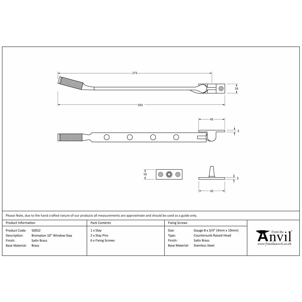 From The Anvil Window Furniture Satin Brass / 10"/250mm From The Anvil - Satin Brass 10" Brompton Stay