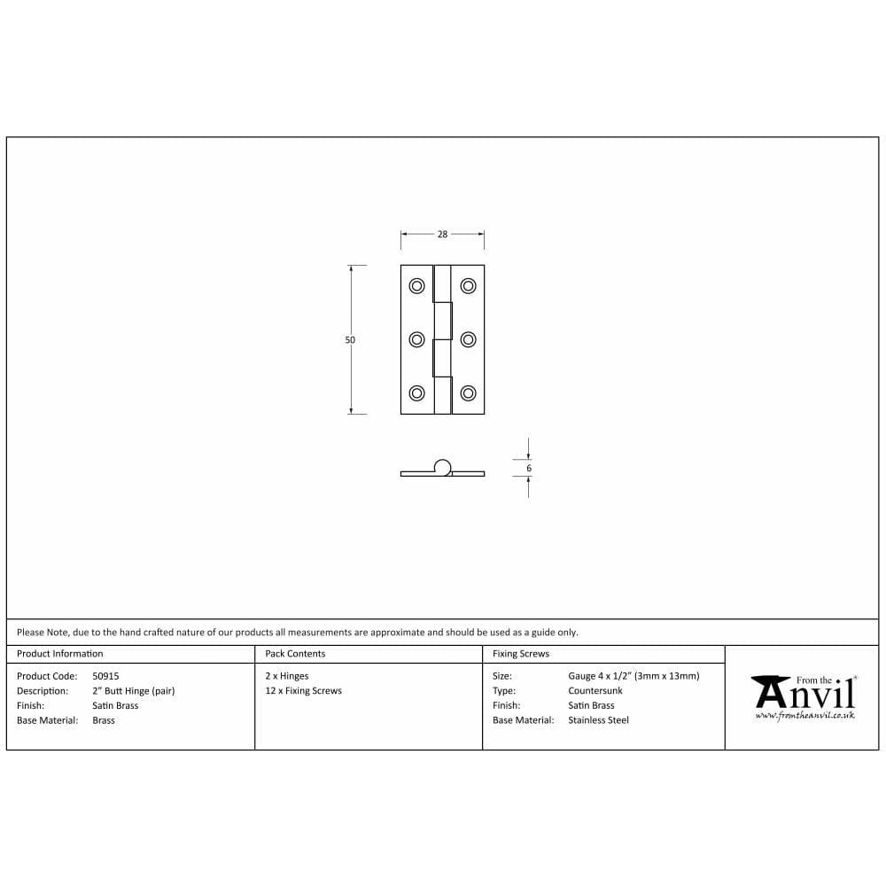 From The Anvil Hinges Satin Brass / Butt Hinges / 2" (51mm) From The Anvil - Satin Brass 2" Butt Hinge (pair)