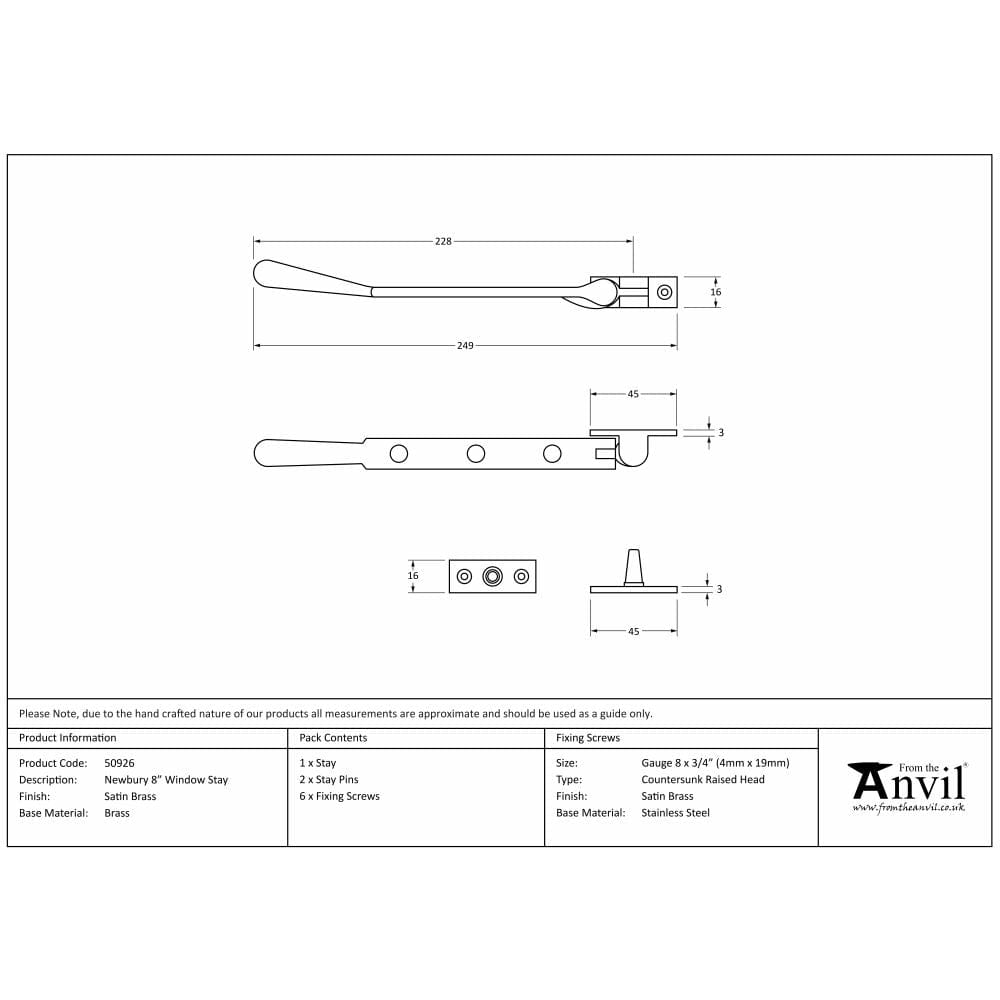 From The Anvil Window Furniture Satin Brass / 8"/200mm From The Anvil - Satin Brass 8" Newbury Stay