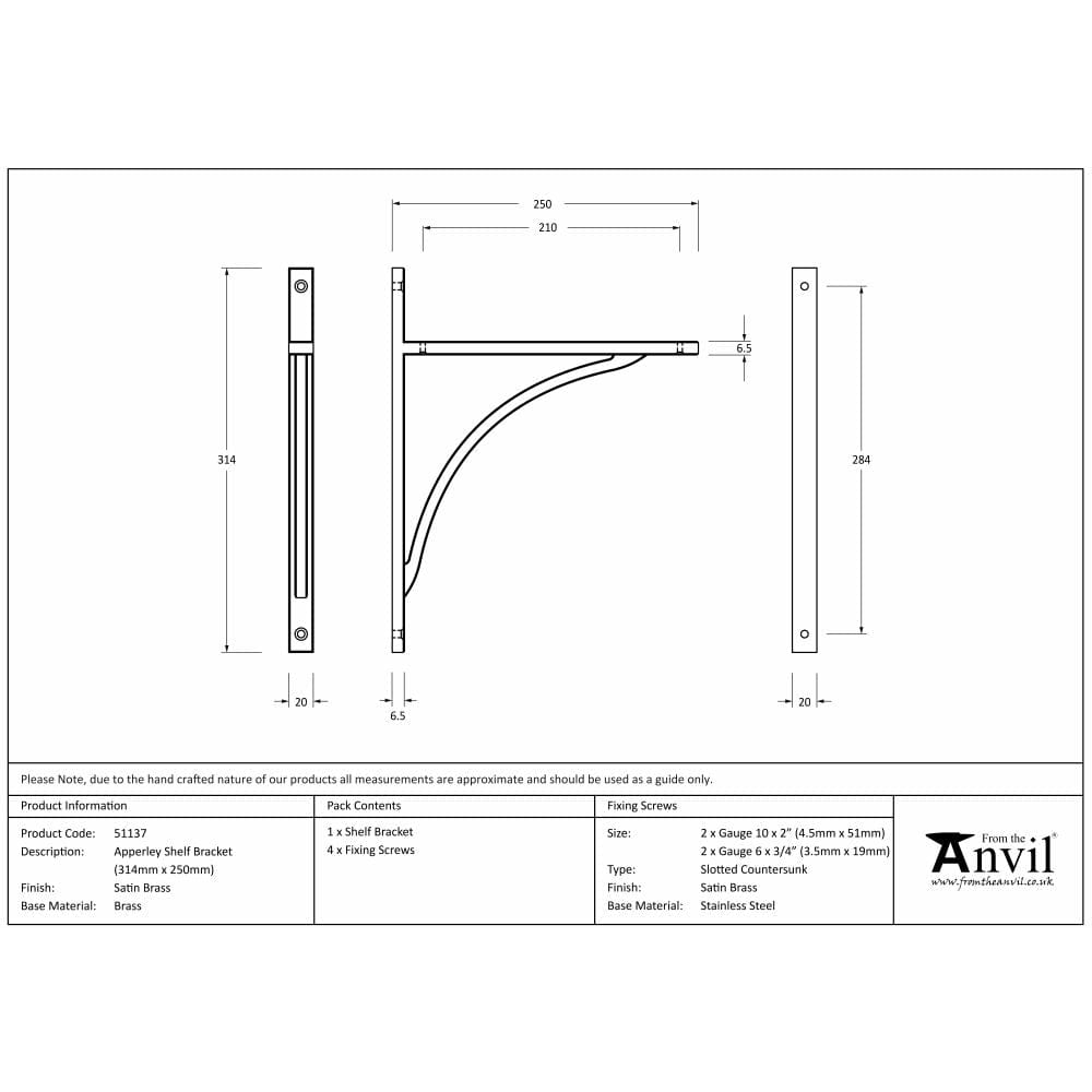From The Anvil Accessories Satin Brass / Shelf Brackets / 314 x 250mm From The Anvil - Satin Brass Apperley Shelf Bracket (314mm x 250mm)