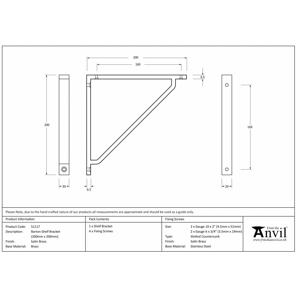 From The Anvil Accessories Satin Brass / Shelf Brackets / 200 x 200mm From The Anvil - Satin Brass Barton Shelf Bracket (200mm x 200mm)