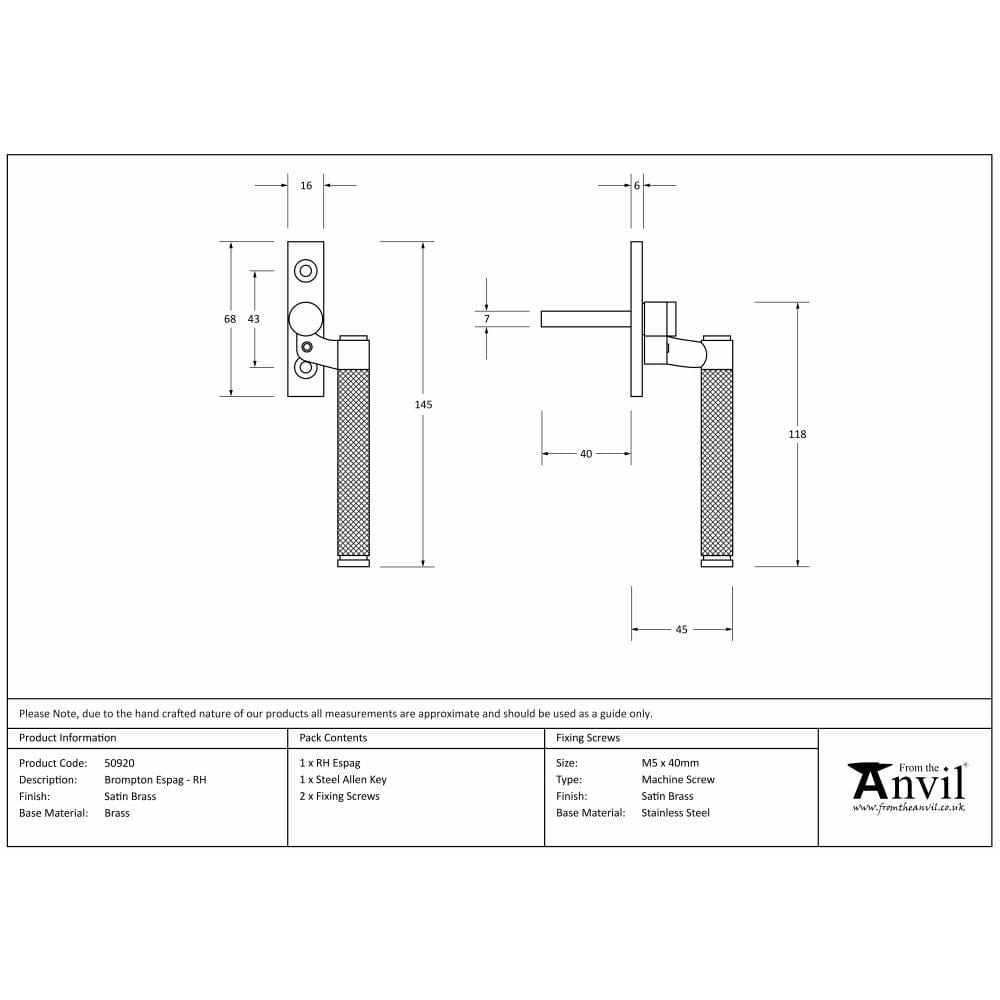 From The Anvil Window Furniture Satin Brass / Right Hand / Yes From The Anvil - Satin Brass Brompton Espag - RH
