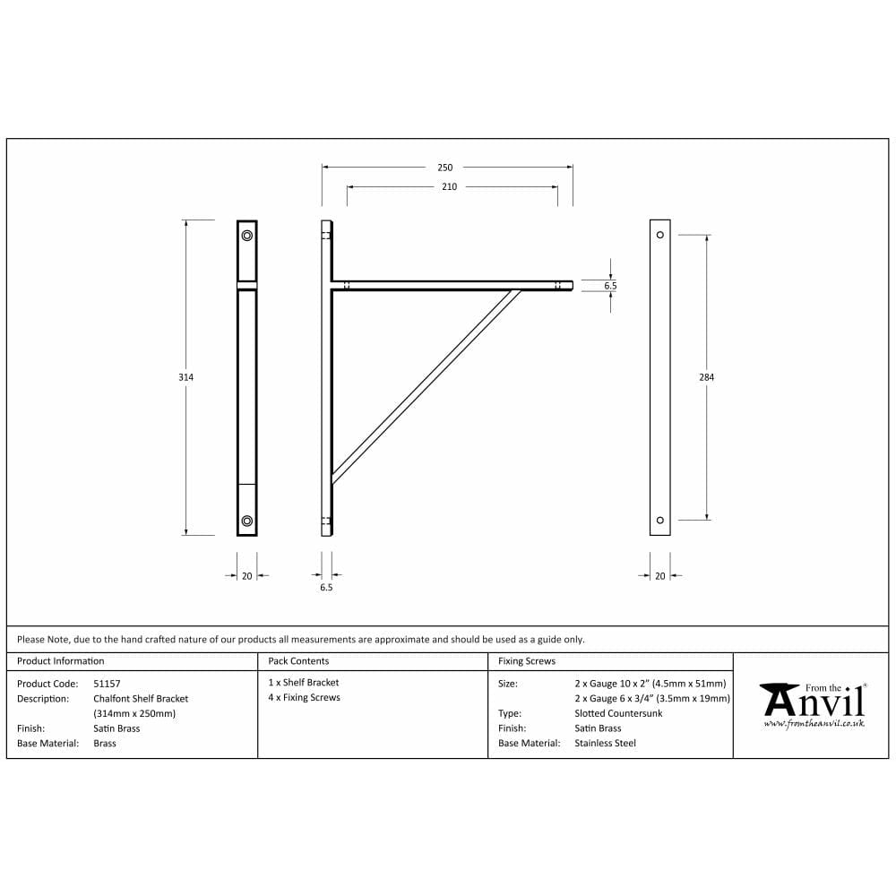 From The Anvil Accessories Satin Brass / Shelf Brackets / 314 x 250mm From The Anvil - Satin Brass Chalfont Shelf Bracket (314mm x 250mm)
