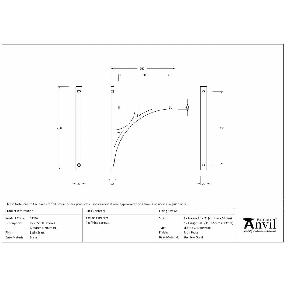 From The Anvil Accessories Satin Brass / Shelf Brackets / 260 x 200mm From The Anvil - Satin Brass Tyne Shelf Bracket (260mm x 200mm)