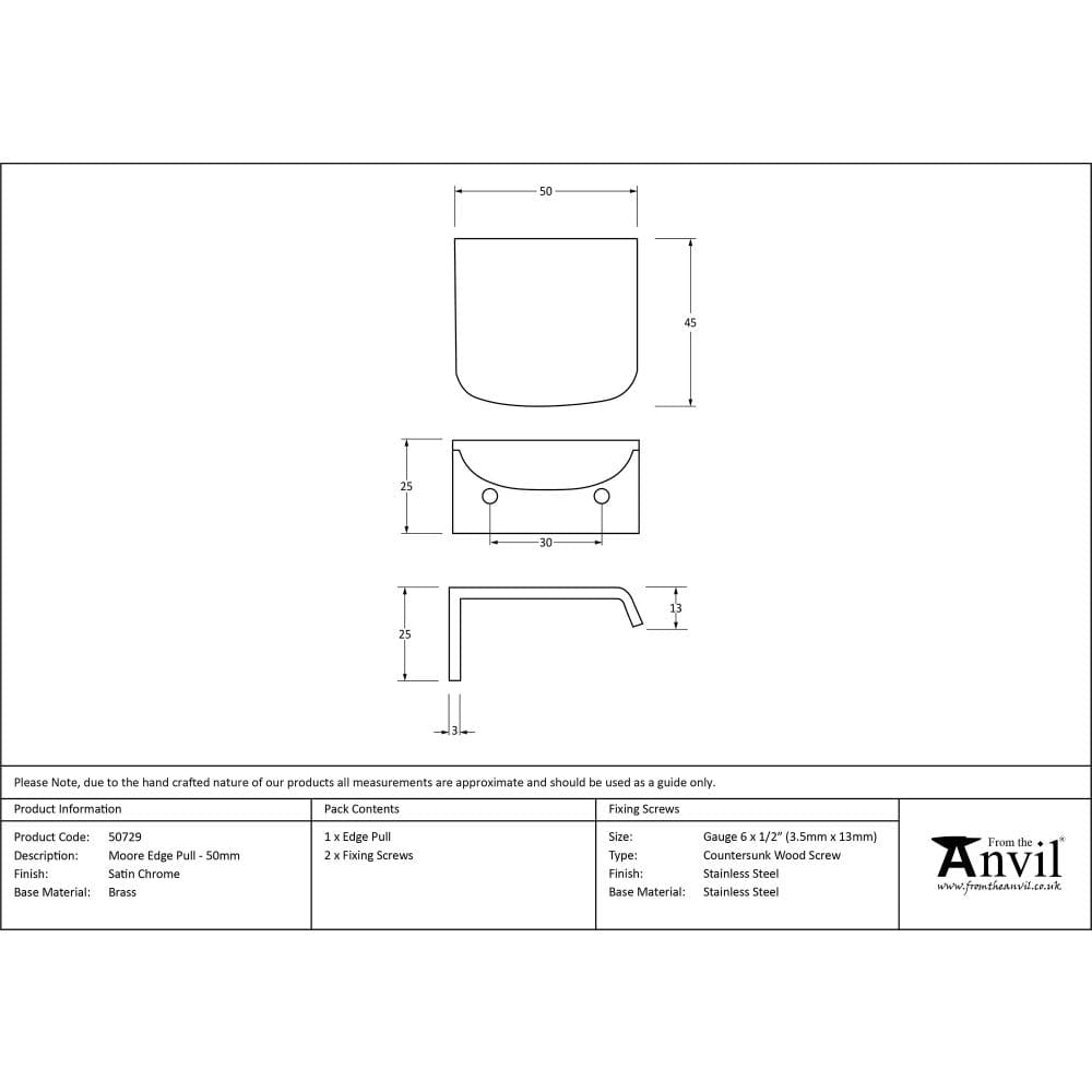 From The Anvil Cabinet Hardware Satin Chrome / Edge Pull / 50mm From The Anvil - Satin Chrome 50mm Moore Edge Pull