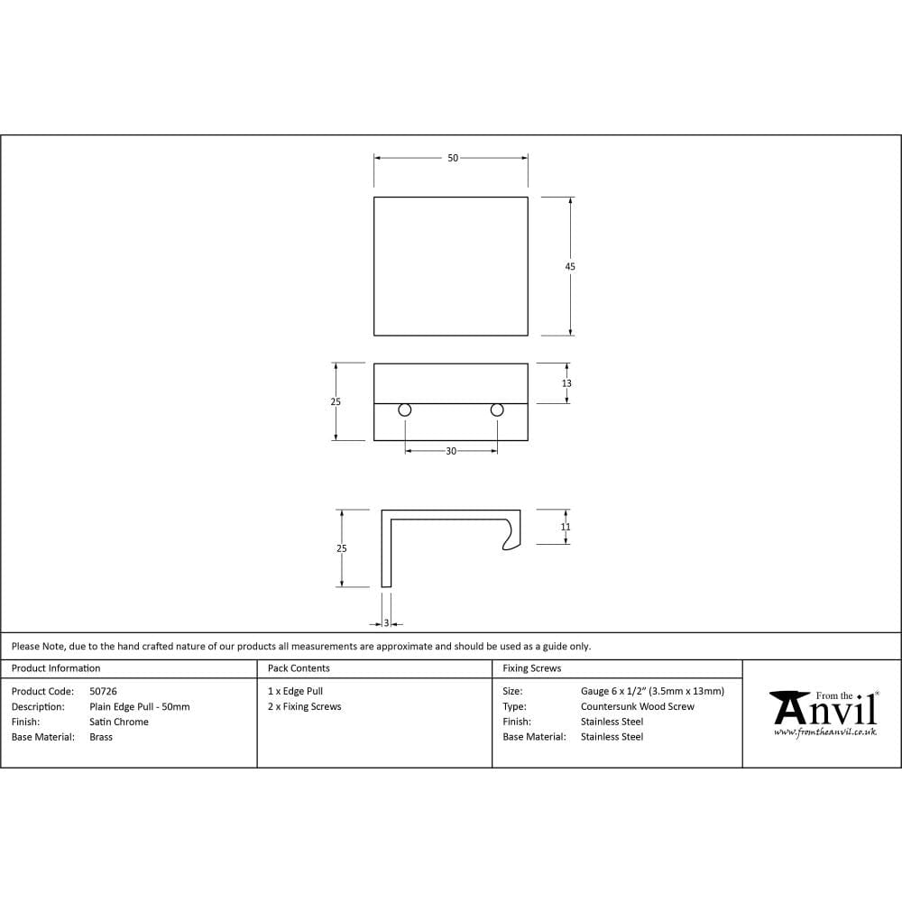From The Anvil Cabinet Hardware Satin Chrome / Edge Pull / 50mm From The Anvil - Satin Chrome 50mm Plain Edge Pull