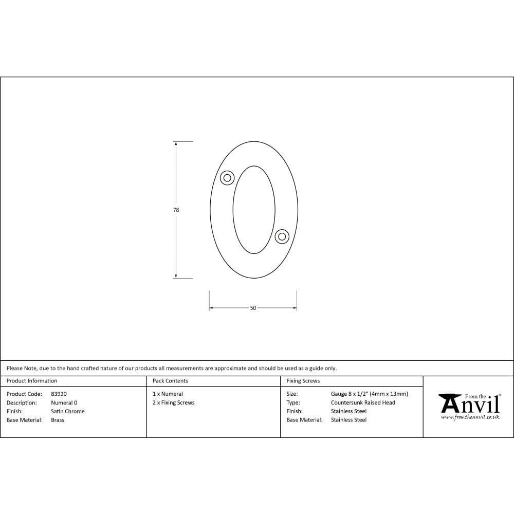 From The Anvil Door Furniture Satin Chrome / Numerals / 0 From The Anvil - Satin Chrome Numeral 0