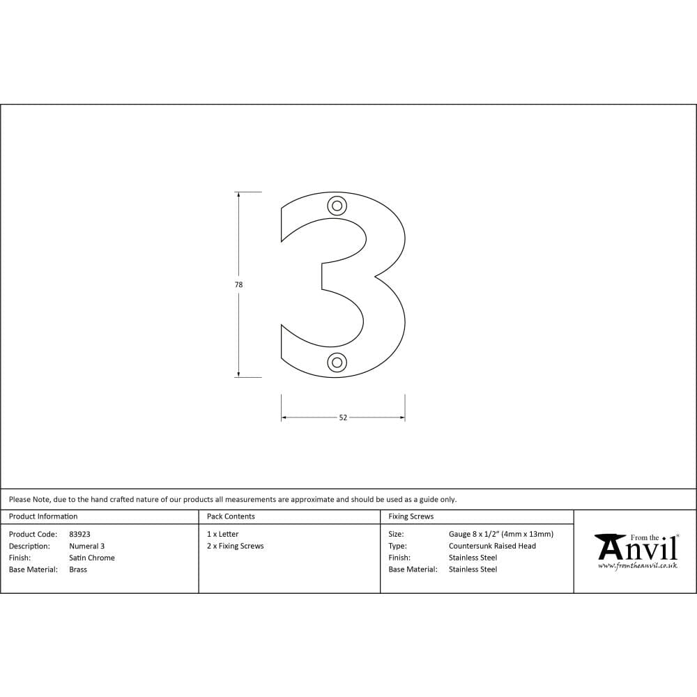 From The Anvil Door Furniture Satin Chrome / Numerals / 3 From The Anvil - Satin Chrome Numeral 3