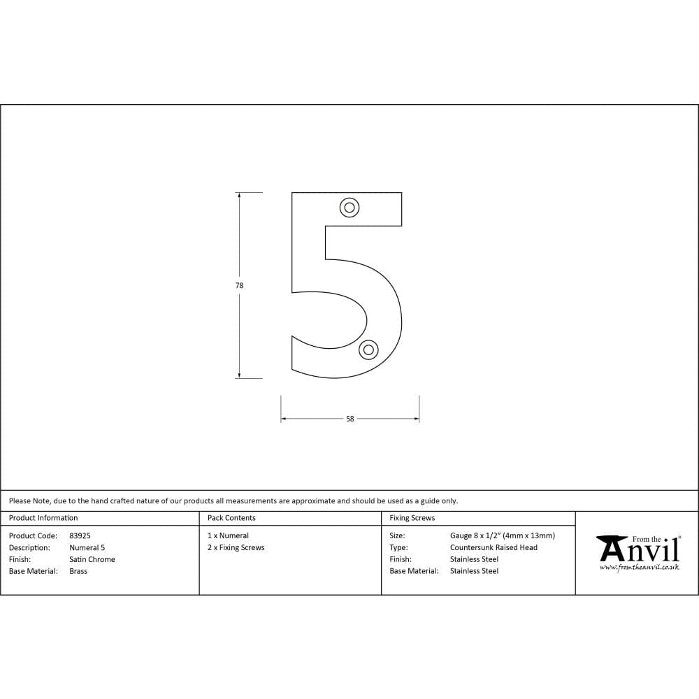 From The Anvil Door Furniture Satin Chrome / Numerals / 5 From The Anvil - Satin Chrome Numeral 5