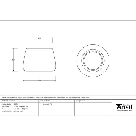 From The Anvil Home & Garden Satin Marine SS (316) / Plant Pots / 12.5cm From The Anvil - Satin Marine SS (316) 12.5cm Hepworth Pot