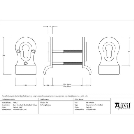 From The Anvil Door Furniture Satin Marine SS (316) / Euro Profile Cylinder Pull From The Anvil - Satin Marine SS (316) 50mm Euro Door Pull (Back to Back fixings)