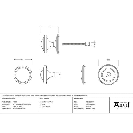 From The Anvil Door Furniture Satin Marine SS (316) / Art Deco Centre Door Knob From The Anvil - Satin Marine SS (316) Art Deco Centre Door Knob