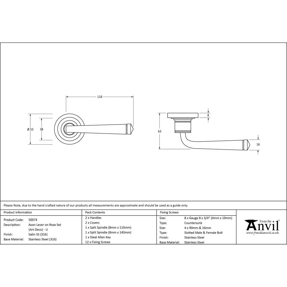 From The Anvil Door Furniture Satin Marine SS (316) / Round Rose From The Anvil - Satin Marine SS (316) Avon Round Lever on Rose Set (Art Deco) - Unsprung
