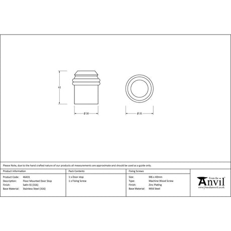 From The Anvil Door Furniture Satin Marine SS (316) / Floor Door Stop From The Anvil - Satin Marine SS (316) Floor Mounted Door Stop