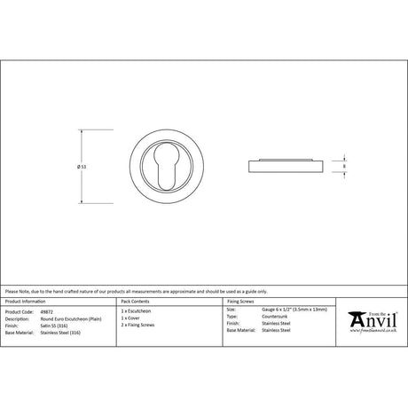 From The Anvil Door Furniture Satin Marine SS (316) / Euro Profile Escutcheons From The Anvil - Satin Marine SS (316) Round Euro Escutcheon (Plain)