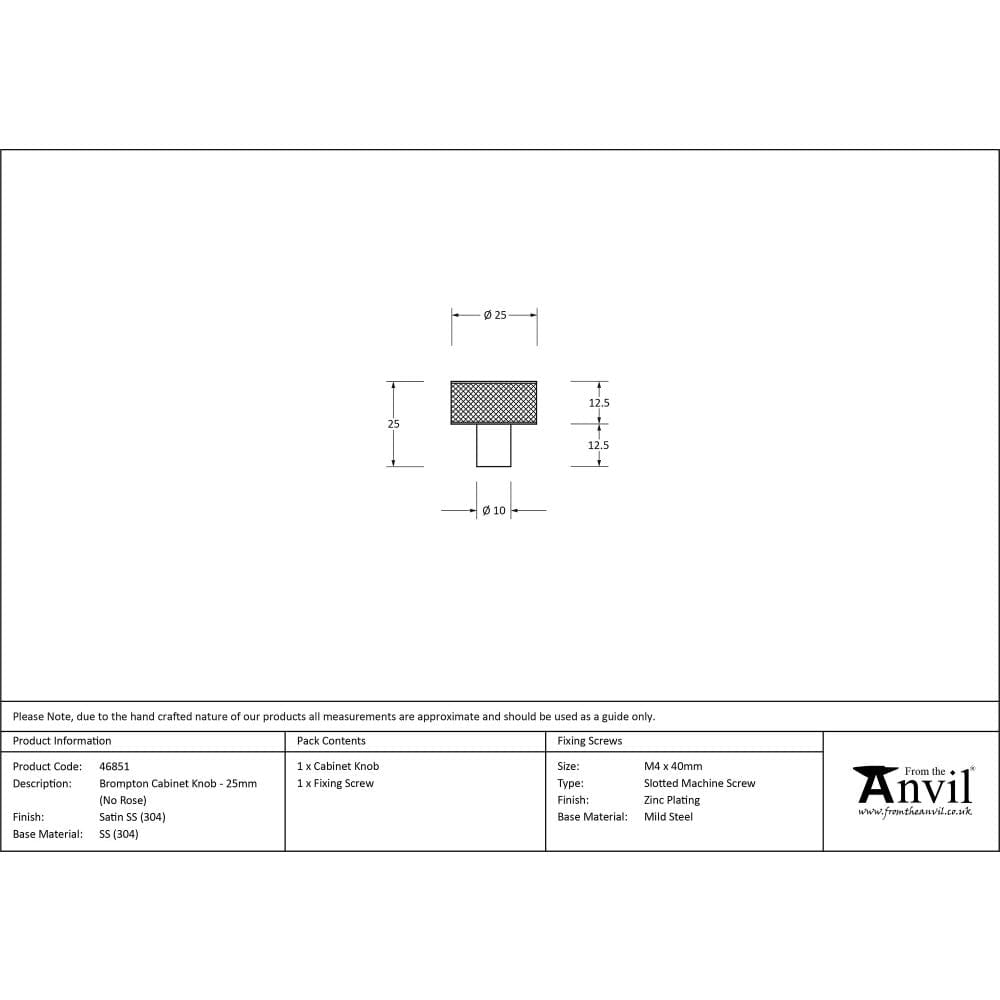 From The Anvil Cabinet Hardware Satin Stainless Steel / Cabinet Knobs / 30mm Dia. From The Anvil - Satin SS (304) Brompton Cabinet Knob - 25mm (No rose)