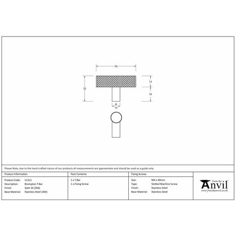 From The Anvil Cabinet Hardware Satin Stainless Steel / Cabinet T-Pulls / 30mm Dia. From The Anvil - Satin SS (304) Brompton T-Bar