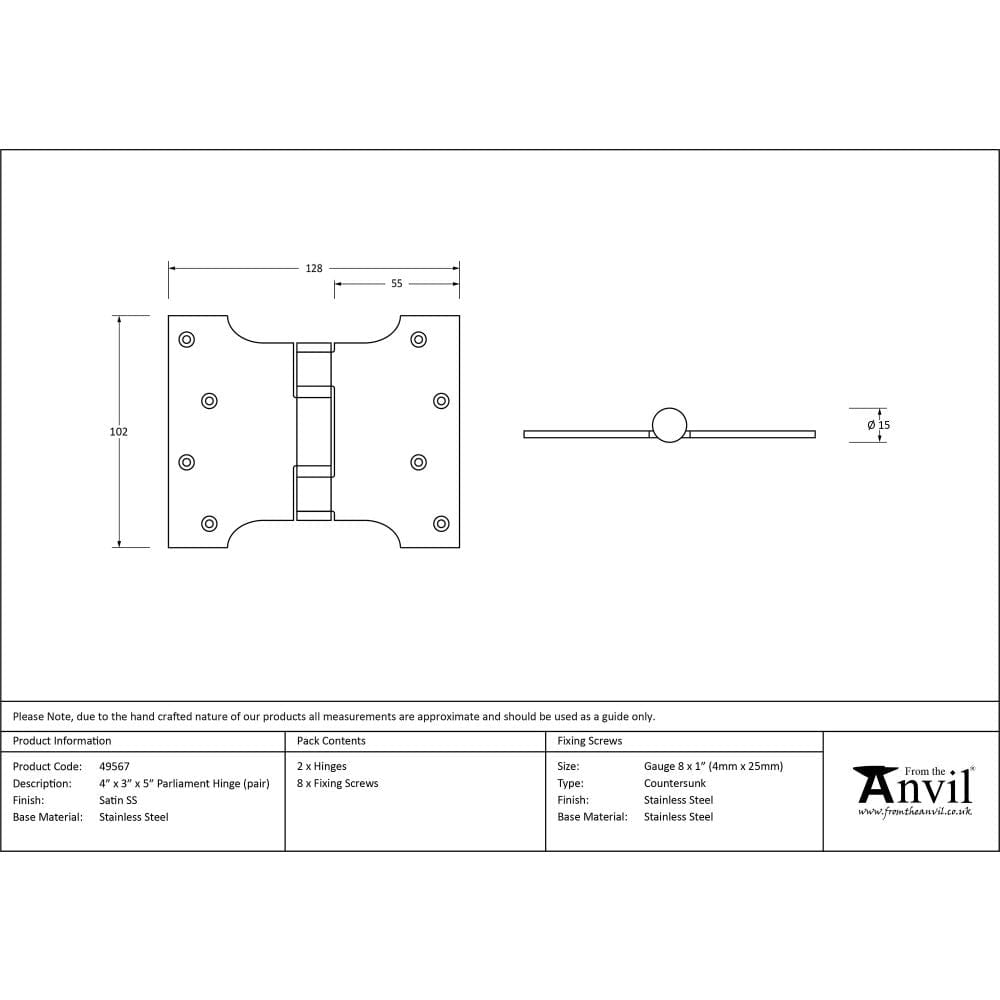 From The Anvil Hinges Satin Stainless Steel / Parliament Hinges / 4" x (102mm) From The Anvil - Satin SS 4" x 3" x 5" Parliament Hinge (pair)
