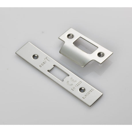 This is an image of a Eurospec - Forend Strike & Fixing Pack To Suit Flat Latch FLL5030-Bright Stainle that is availble to order from Trade Door Handles in Kendal.