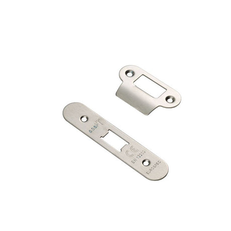 This is an image of a Eurospec - Forend Strike & Fixing Pack To Suit Flat Latch FLL5030-Satin Stainles that is availble to order from Trade Door Handles in Kendal.