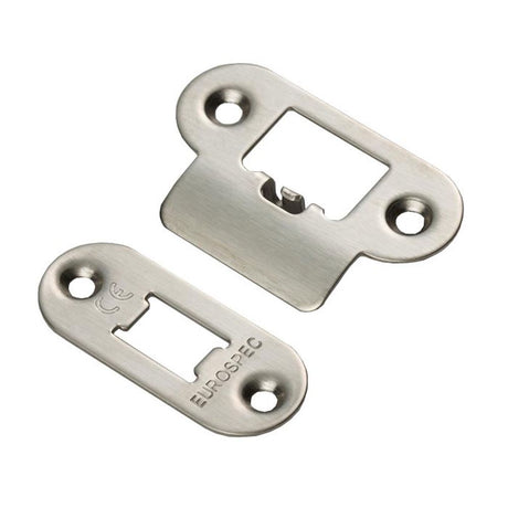 This is an image of a Eurospec - Forend Strike & Fixing Pack To Suit Heavy Duty Tubular Latch-Satin St that is availble to order from Trade Door Handles in Kendal.